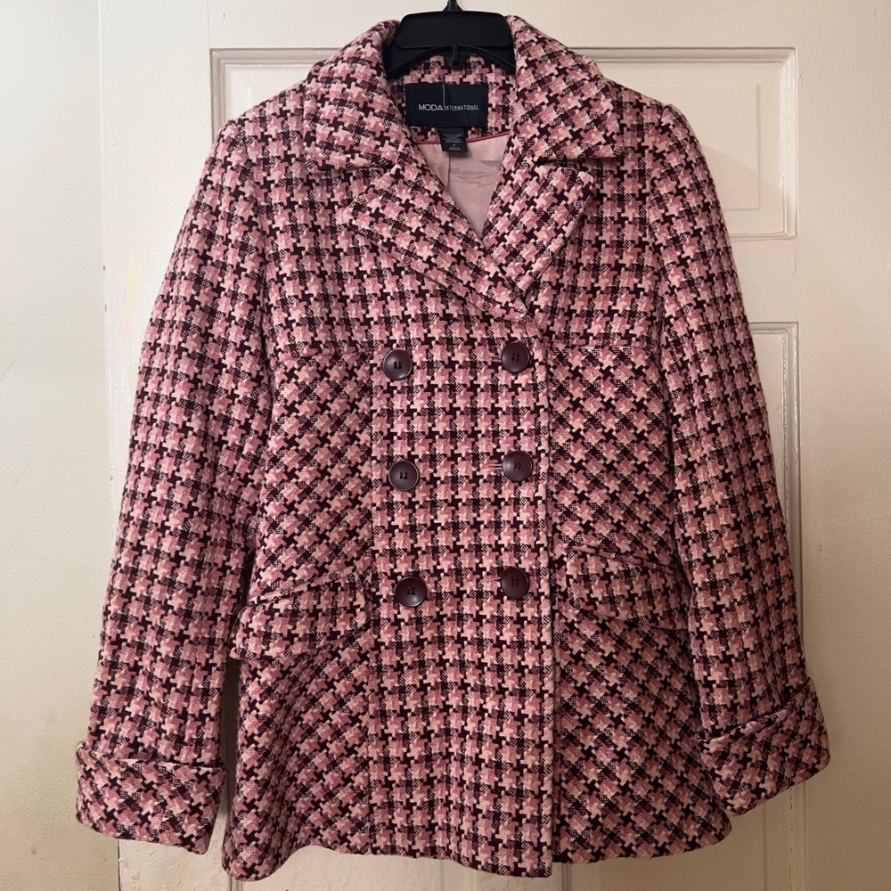 Moda International Pink and Burgundy Houndstooth Double-Breasted Peacoat Small